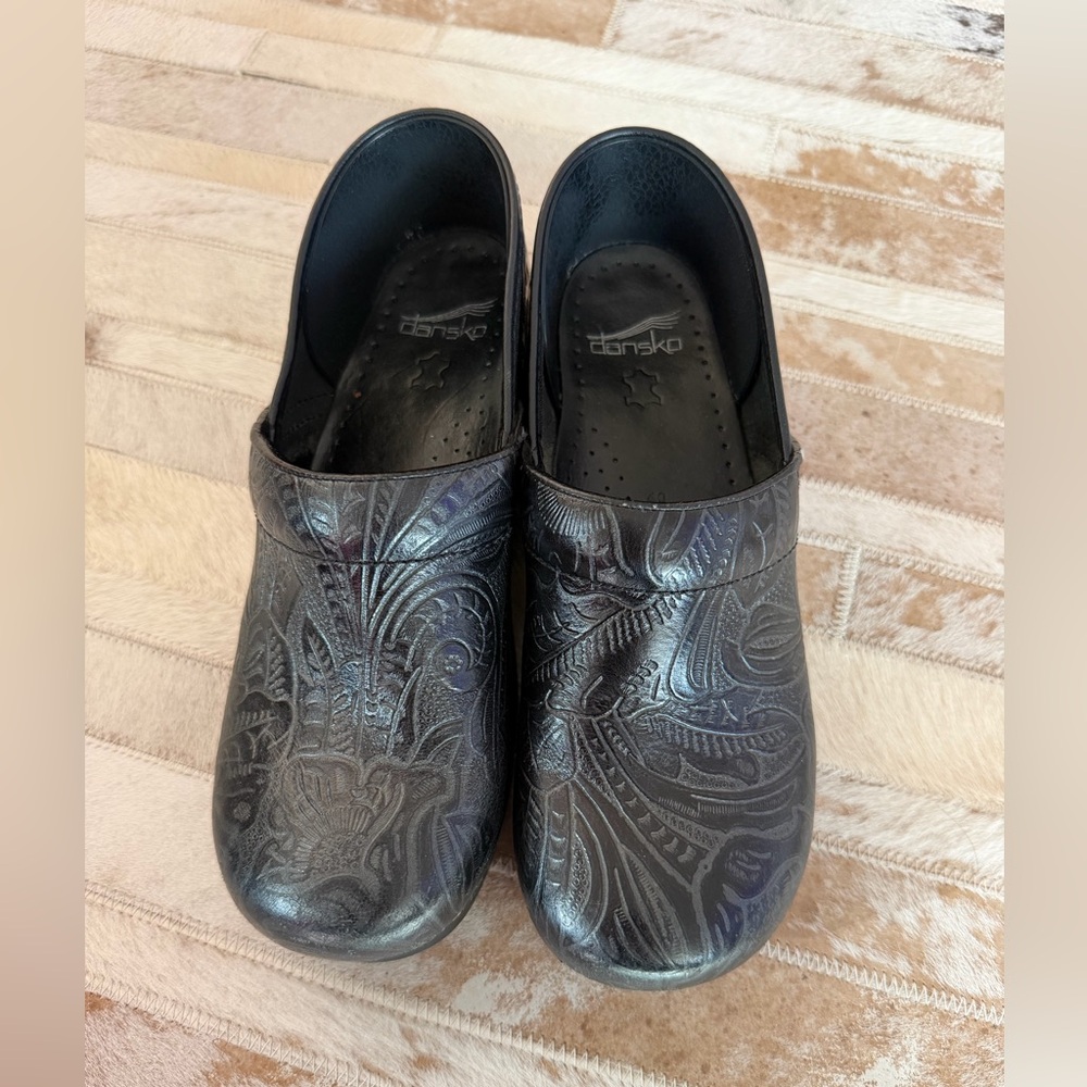 Dansko Black Embossed Leather Clogs